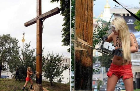 femen, taglio di una croce a Kiev