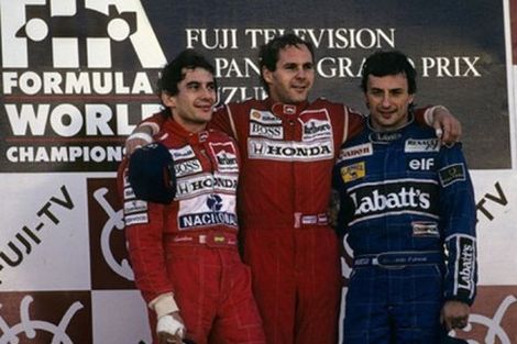 Ayrton Senna, Gerhard Berger e Riccardo Patrese sul podio del Gran Premio del Giappone del 1991