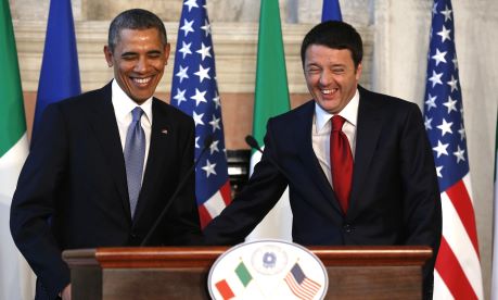U.S. President Obama and Italian Prime Minister Renzi arrive for a news conference following their meeting at Villa Madama in Rome