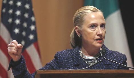Image: U.S. Secretary of State Hillary Clinton delivers a speech "Frontlines and Frontiers: Making Human Rights a Human Reality" at Dublin City University in Ireland