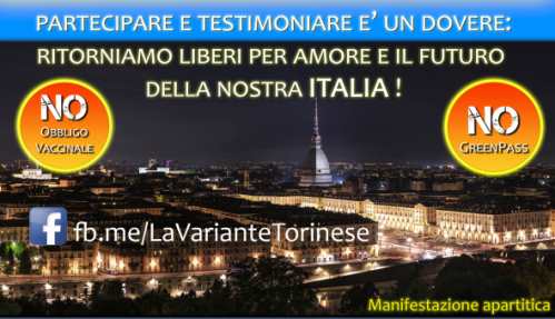 Torino, 3 settembre: manifestazione per dire NO a green pass e obbligo vaccinale