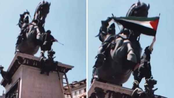 Torino, vigile del fuoco sventola la bandiera palestinese che doveva rimuovere Torino, vigile del fuoco sventola la bandiera palestinese che doveva rimuovere