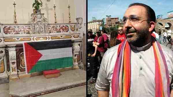 Prete ‘no global’ espone bandiera palestinese sull’altare