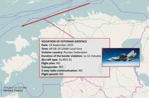 mappa dei MIG russi che violano spazio aereo estone