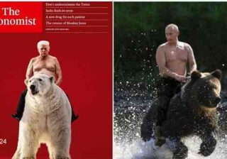 Trump come Putin: a petto nudo cavalca un orso