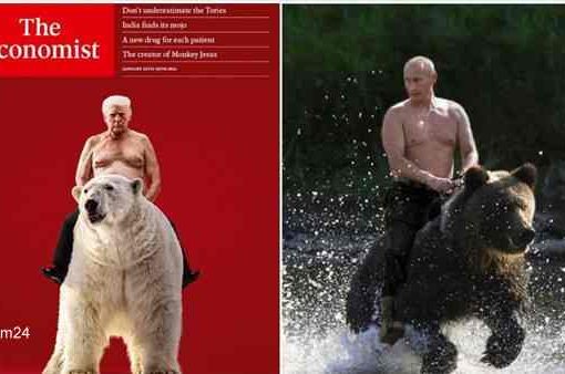 Trump come Putin: a petto nudo cavalca un orso