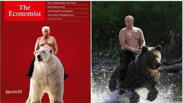 Trump come Putin: a petto nudo cavalca un orso